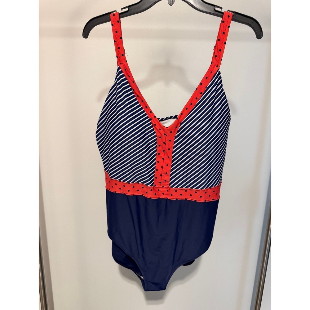 Women's Navy Blue & Coral Polka Dot Stripe One Piece Swimsuit‎ Plus Size